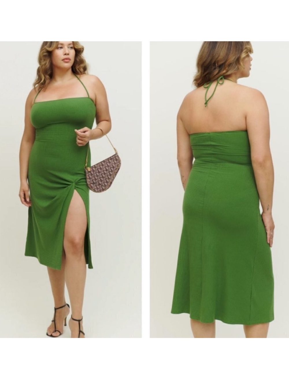 Reformation Kelly Green Ribbed Hilo Knit Halter Tie Midi Dress Like New Small